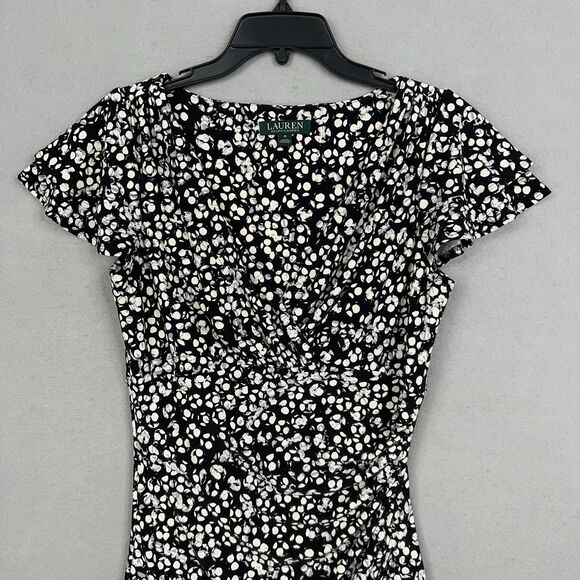 Ralph Lauren Dress Womens 8 Black White Floral Ruched Wrap Office Career LRL - Picture 2 of 15